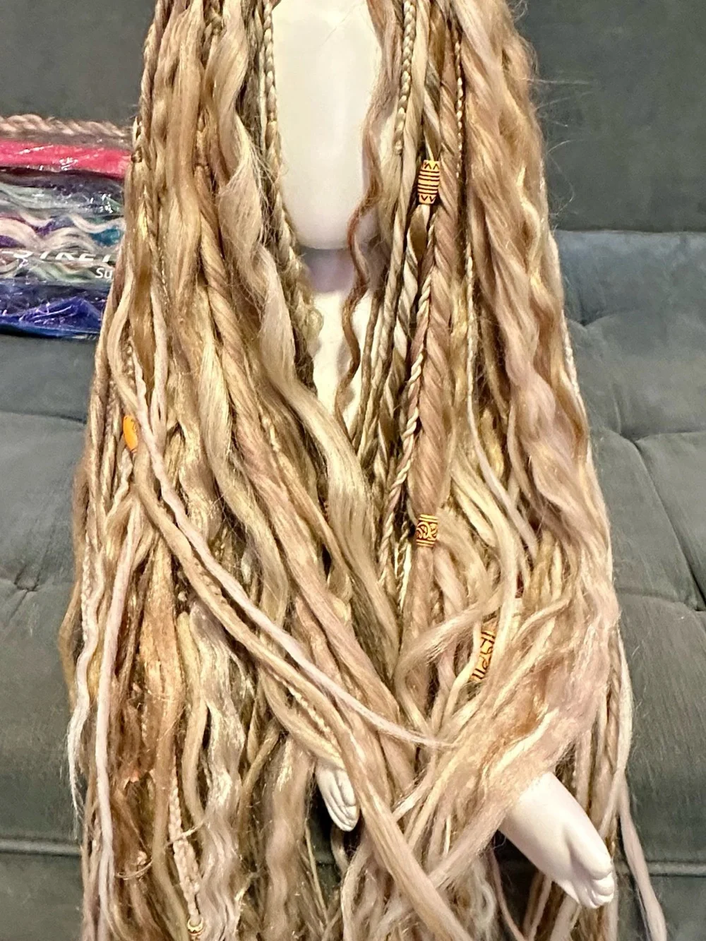 Boho Blonde Synthetic Dreadlock Hairpiece with Beads & Feathers - Picture 7 of 17